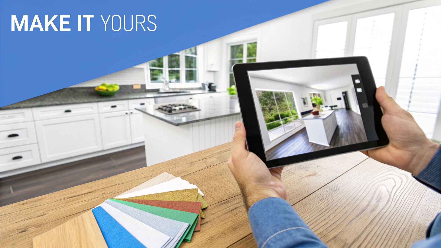 A modern kitchen with quartz countertops and stylish flooring, showing customization options in a new home.