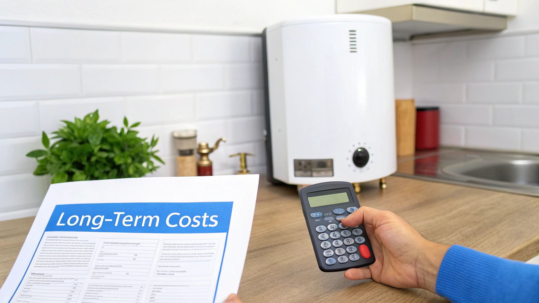 A picture of a small countertop tankless water heater with a person's hand holding a calculator in a kitchen with wood countertops and white tile backsplash with words that say long-term costs.