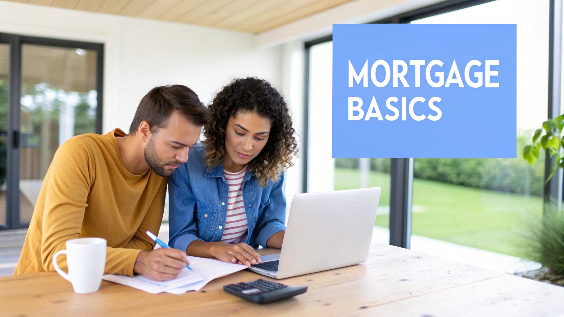 Young couple studying "Mortgage Basics" on a laptop and documents at a modern home.