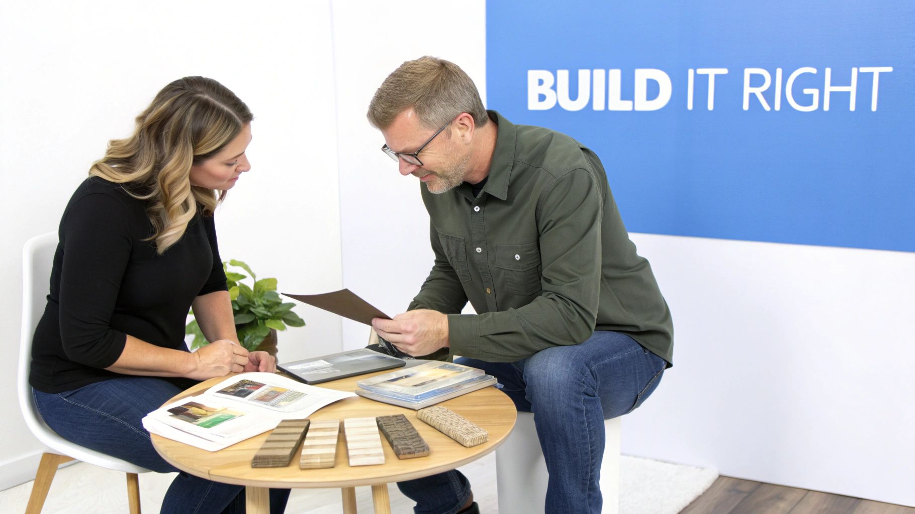 A man and a woman looking at deck materials to build a new deck with words on the image that says build it right.