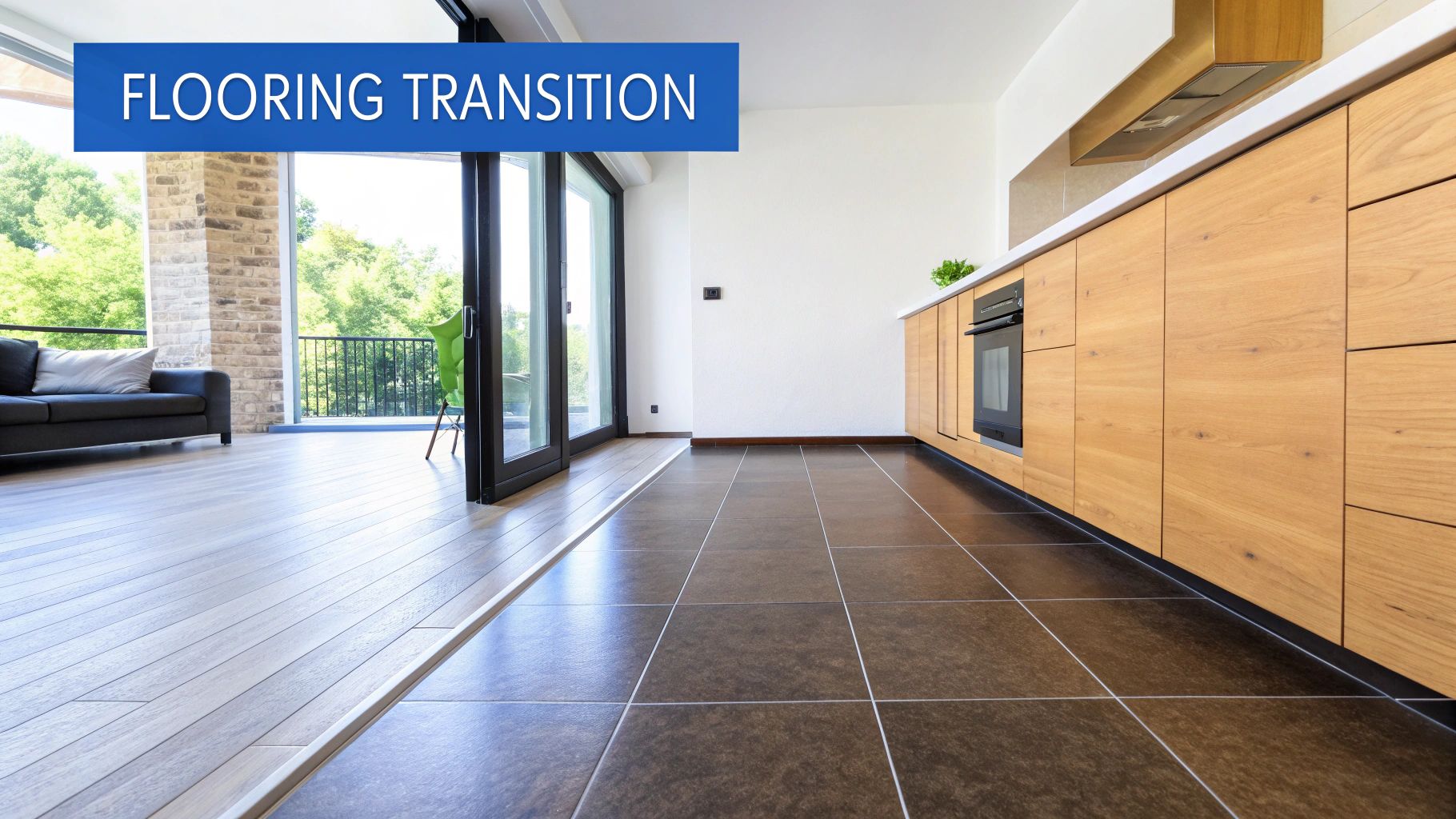 A picture showing flooring transitions from the outside of the home coming into the kitchen with words on the screen that say flooring transitions.