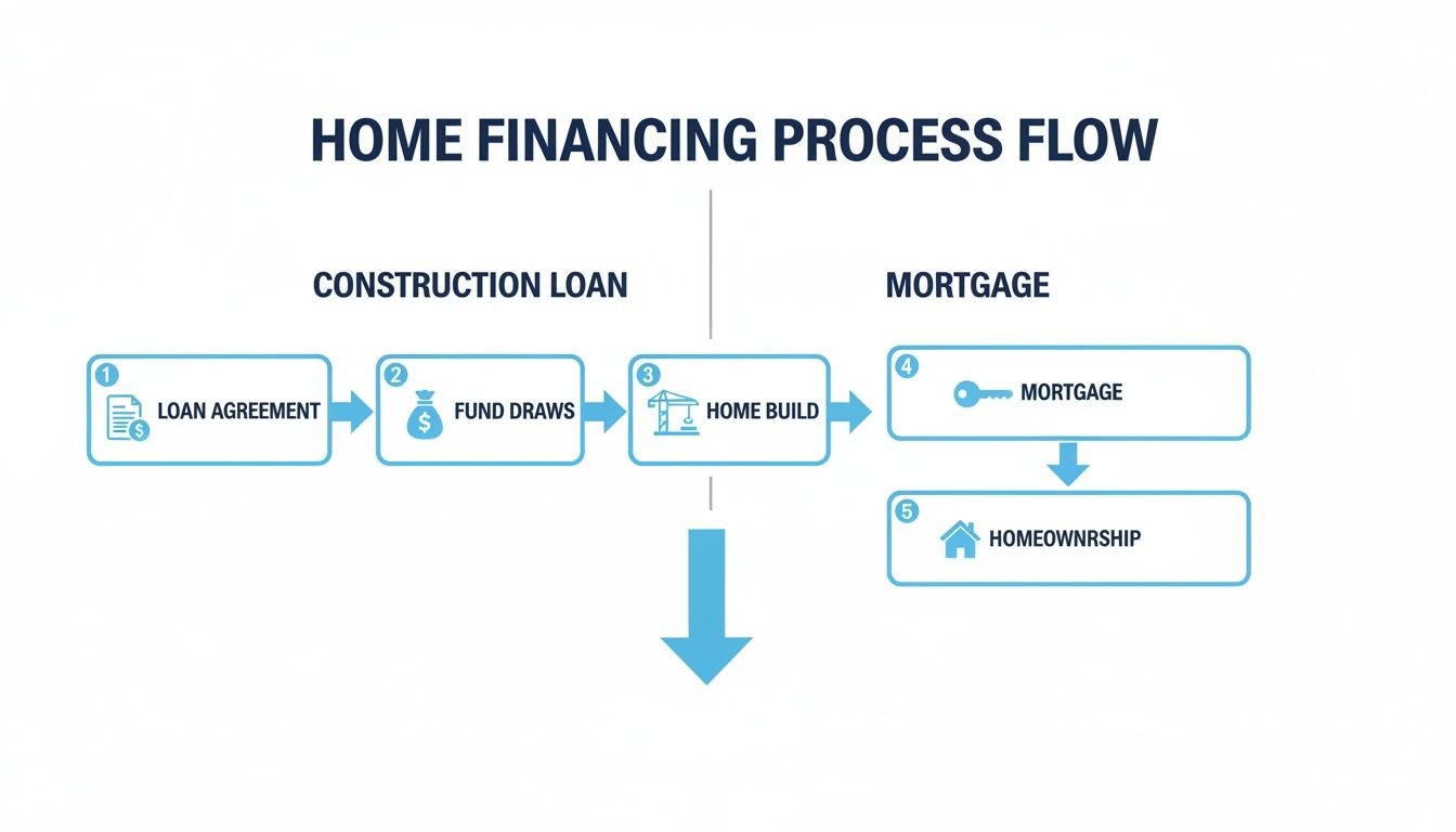 A home financing process flow diagram detailing construction loan steps, mortgage, and homeownership.