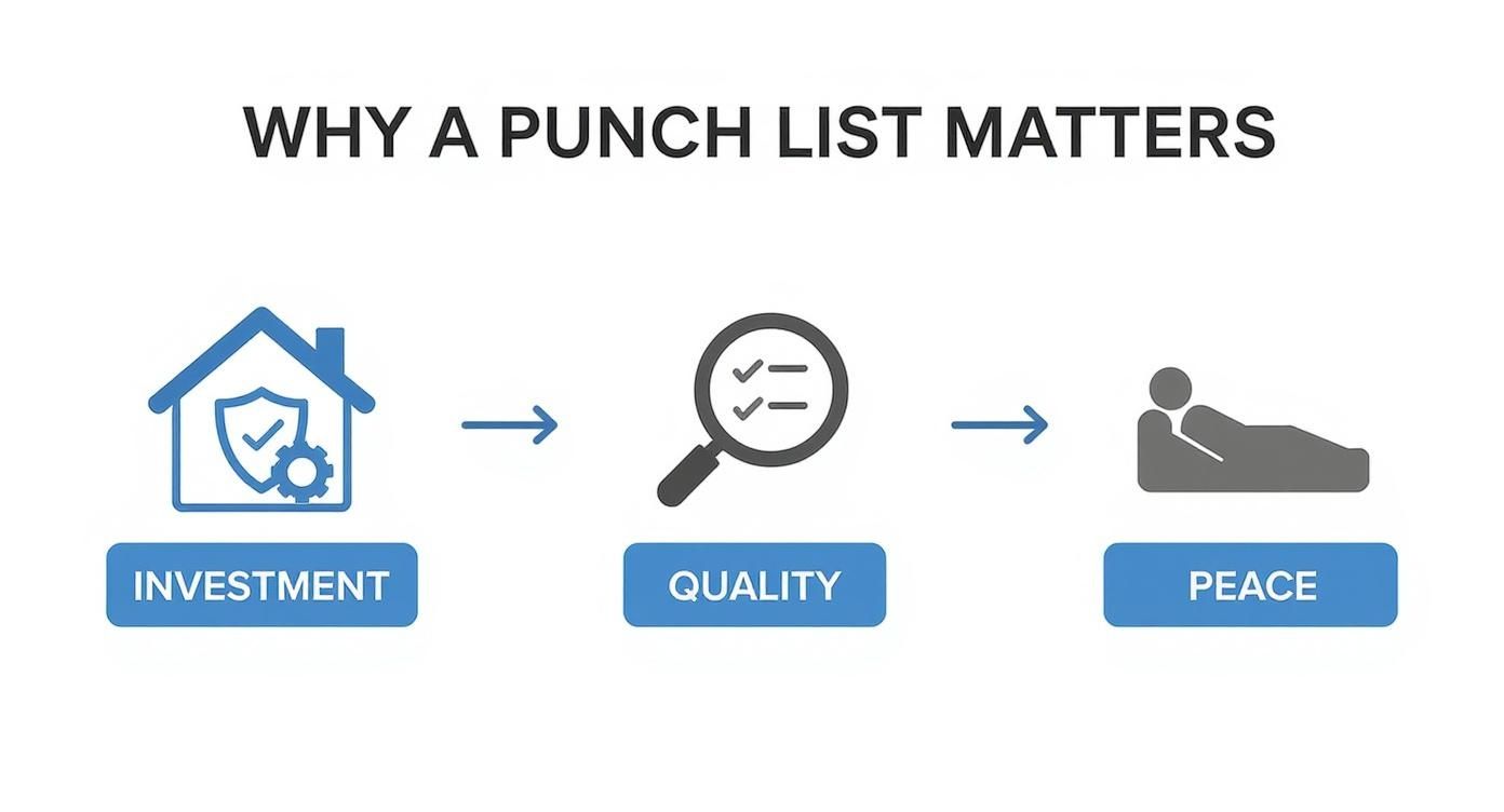 Infographic showing a punch list ensures investment quality, leading to peace of mind.
