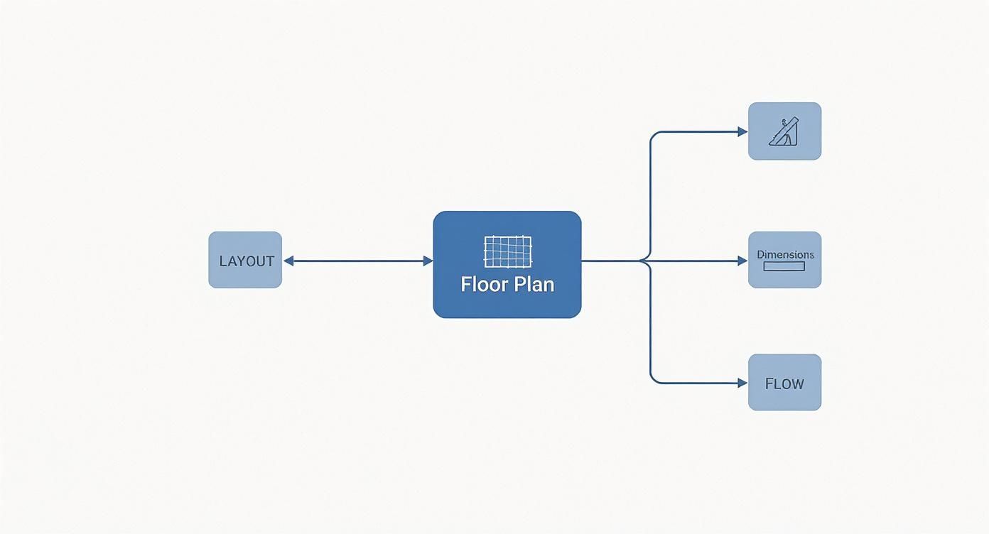Floor plan diagram showing connections between layout, dimensions, flow, and accessibility features