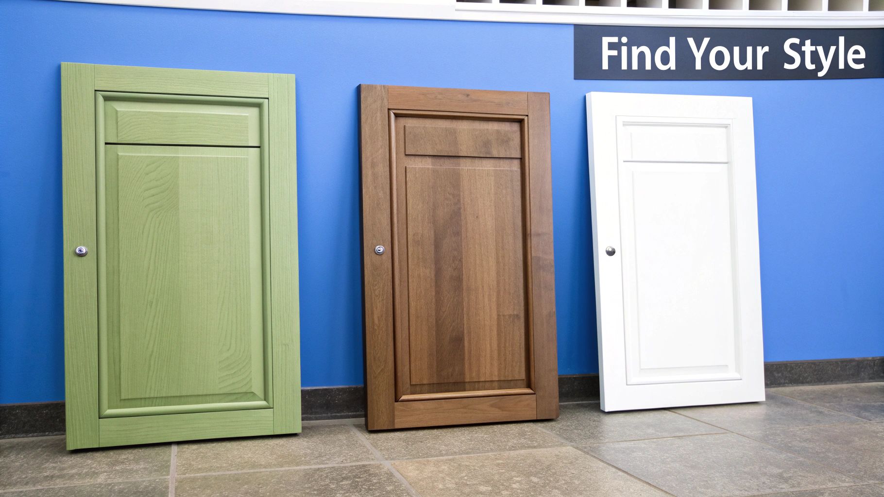 A close-up shot of different cabinet door styles and hardware options laid out on a table.