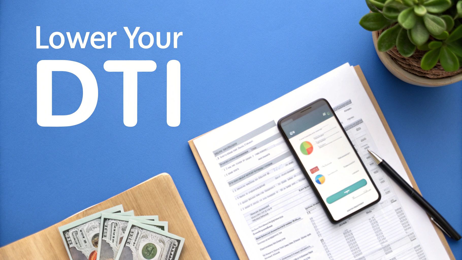 A blue background with 'Lower Your DTI' text, money, phone with financial charts, documents, and a plant.