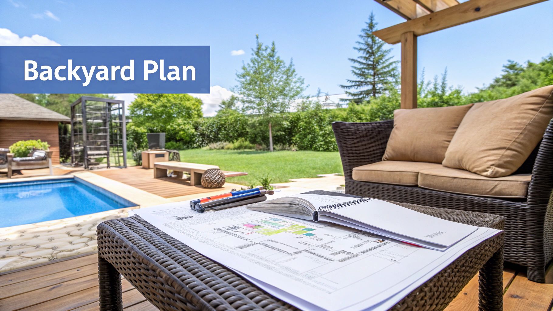 A outdoor living space with a pergola, outside chair and wicker table with a design schematic of a outside design plan next to a inground pool with words on the image that says backyard plan.