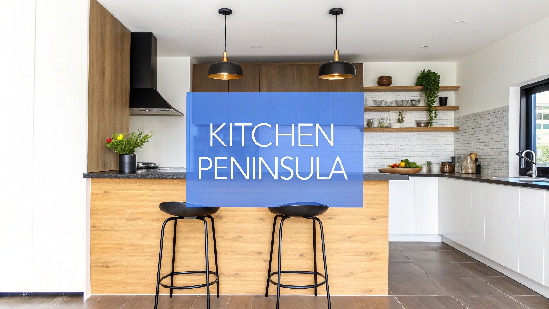 A kitchen with a peninsula and words on the image that says kitchen peninsula.