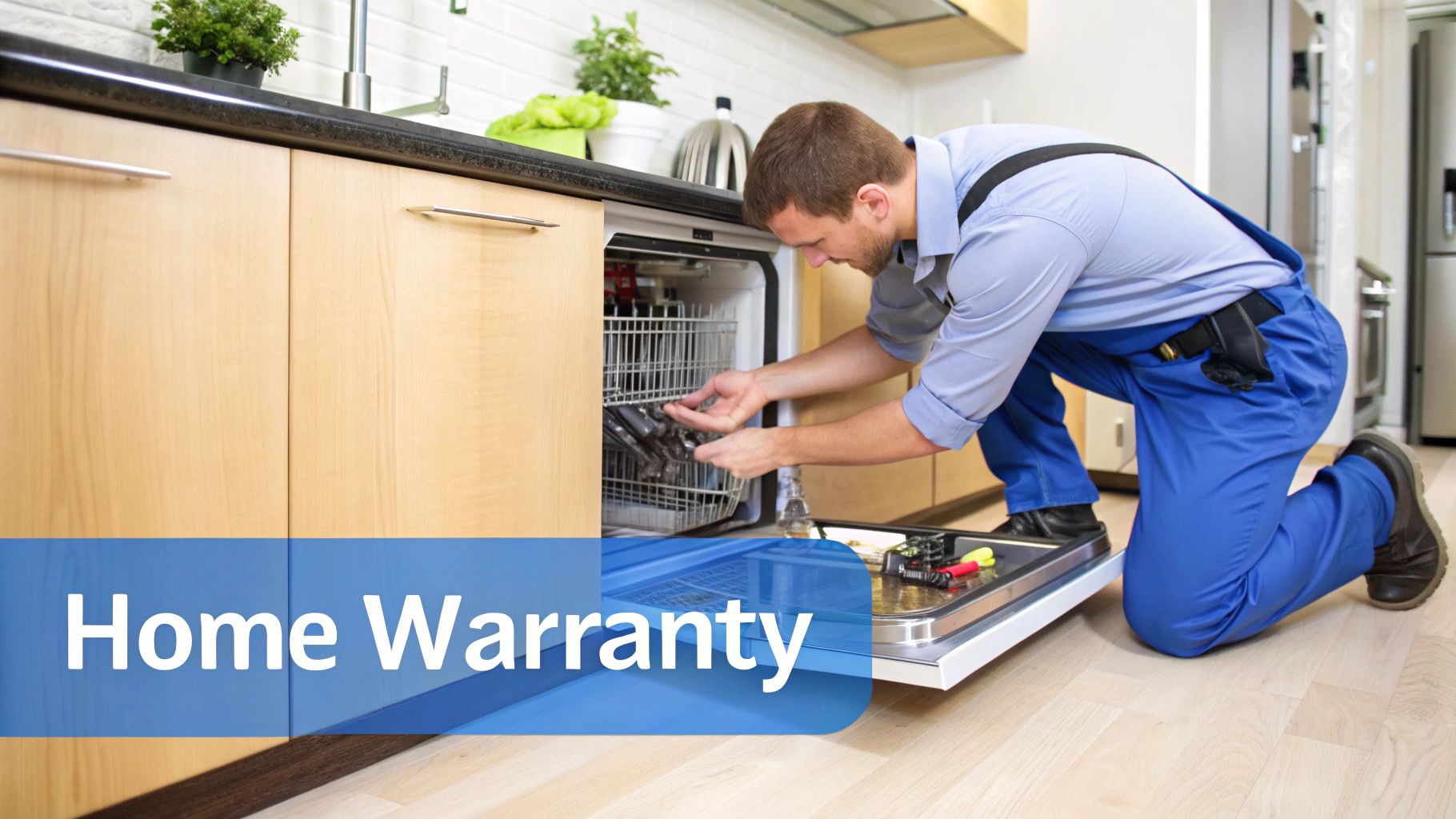 A man working on a dishwasher with words on the screen saying home warranty.