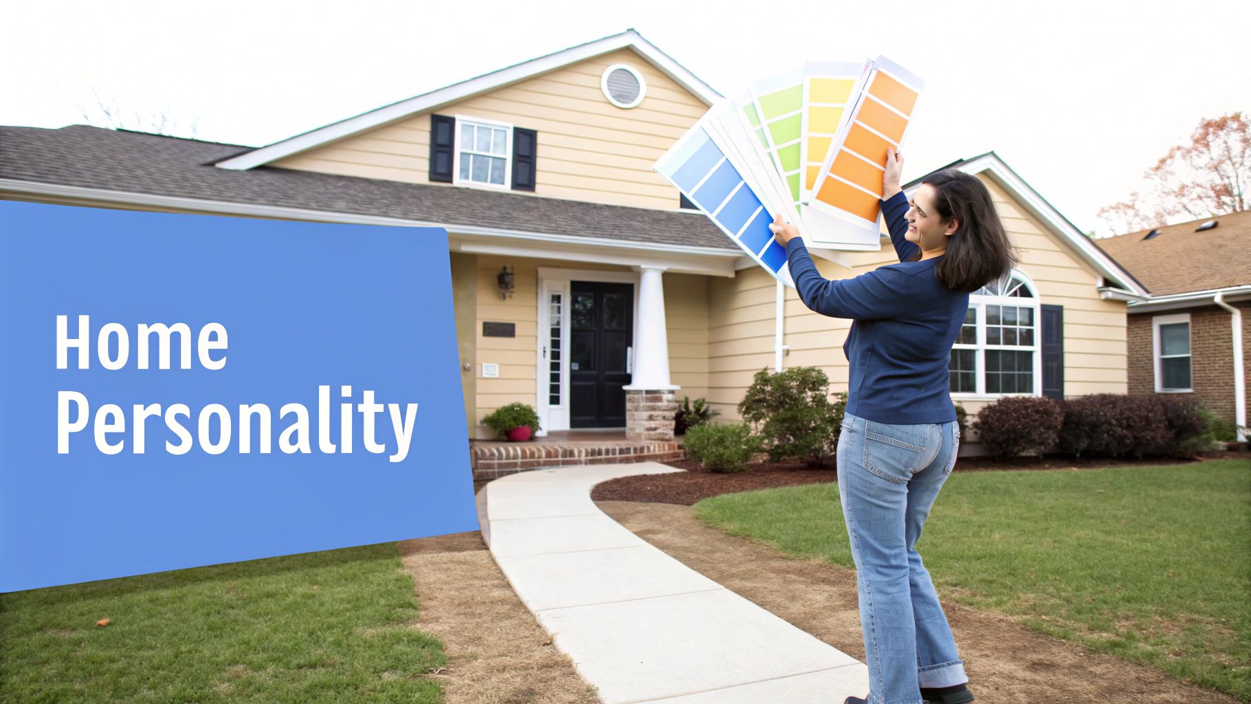 A smiling woman holds colorful paint swatches in front of a house, considering exterior home colors.