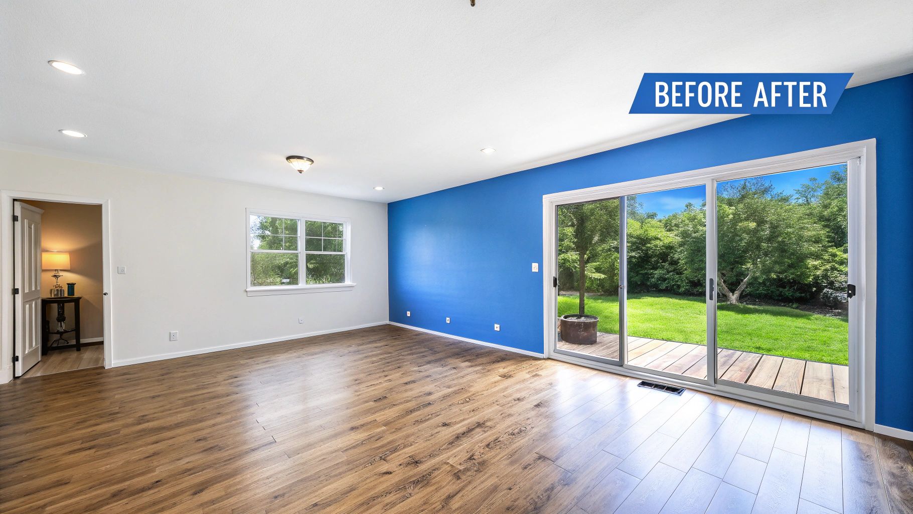 A room showing a blue painted accent wall and brown wood laminate floors with words on the picture that says before after.