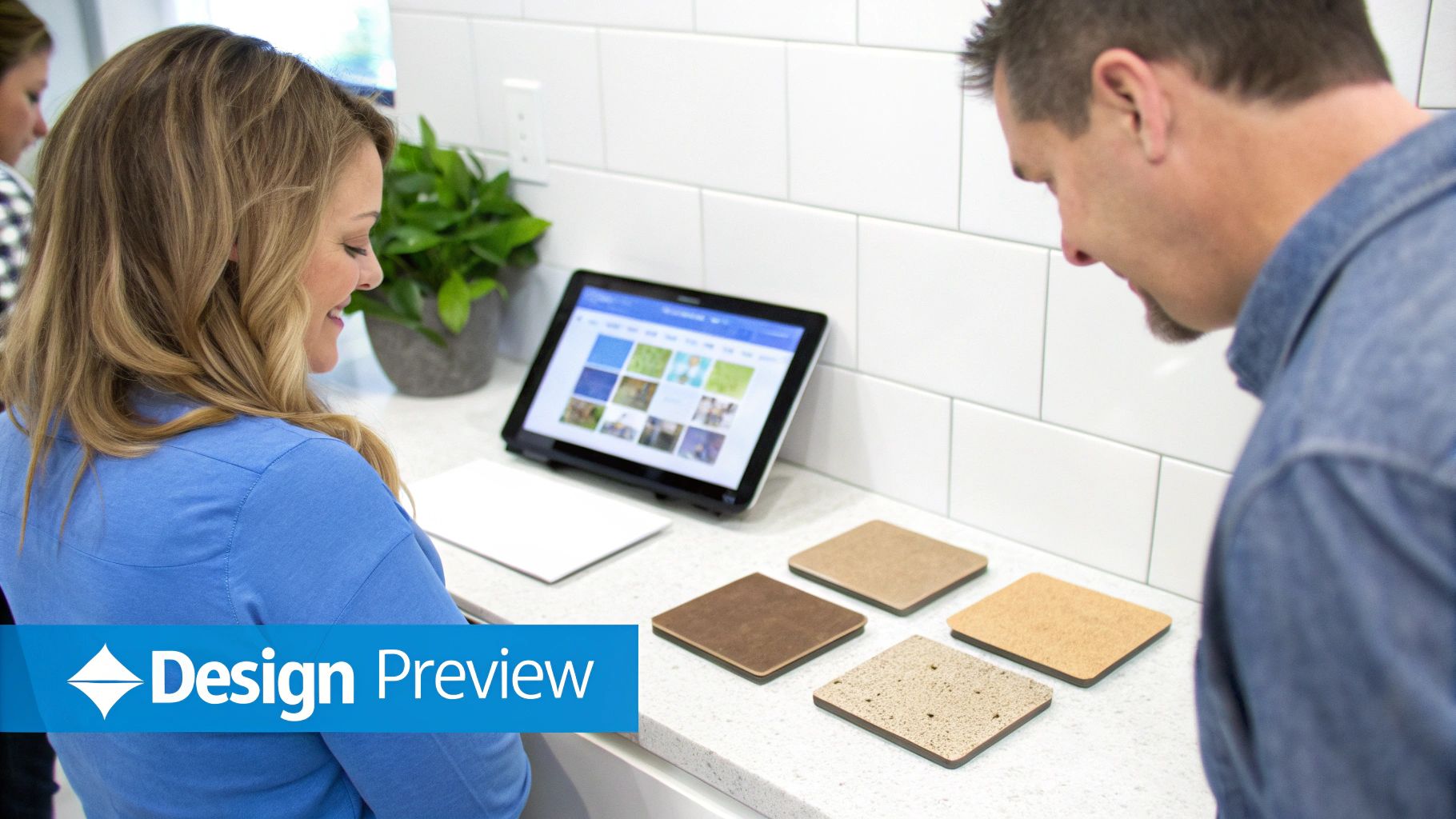 A woman and man choose tile and material samples for home design, looking at a tablet.