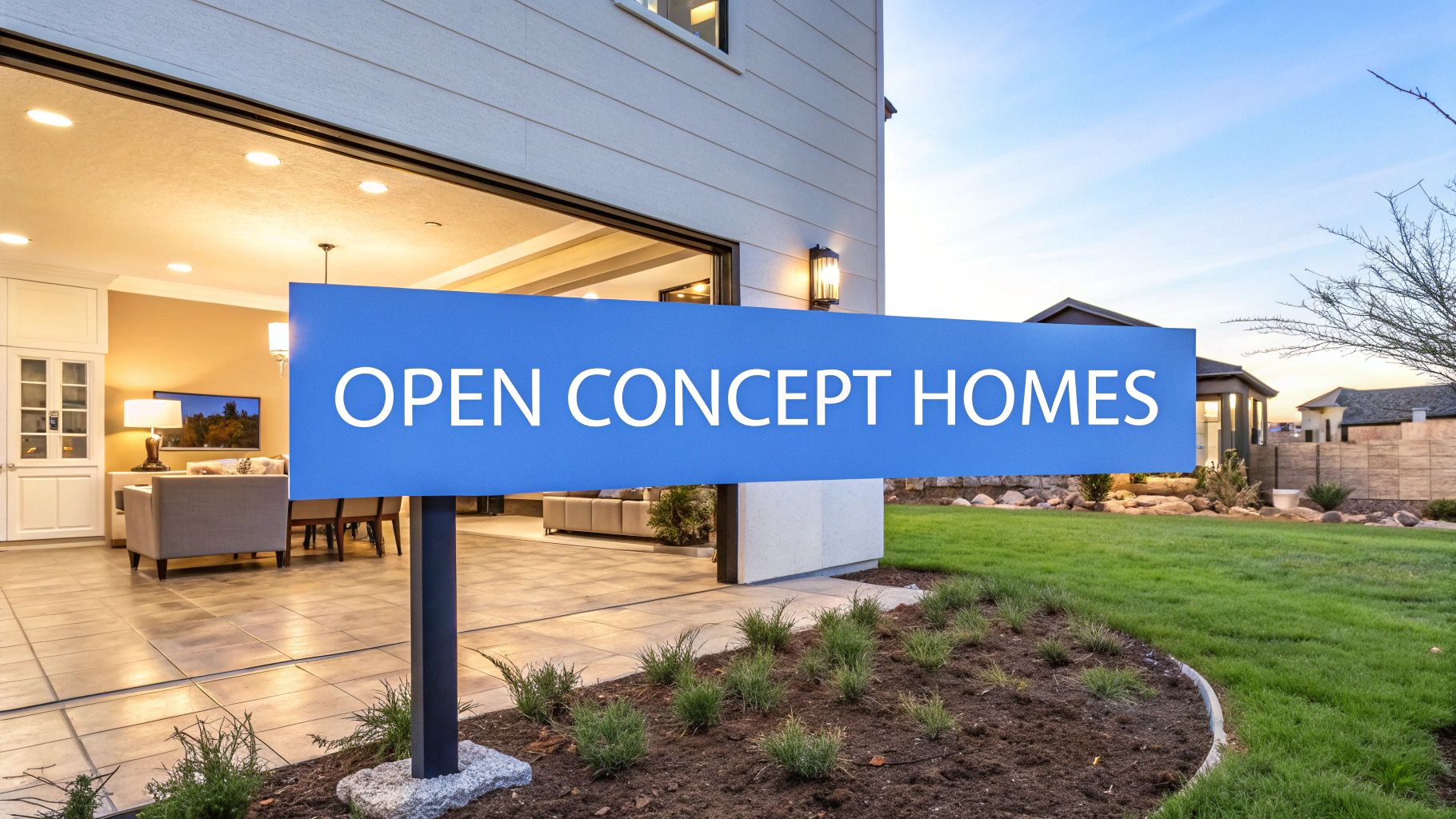 The exterior of a single family home with a large glass sliding door with words on the image that says open concept homes.
