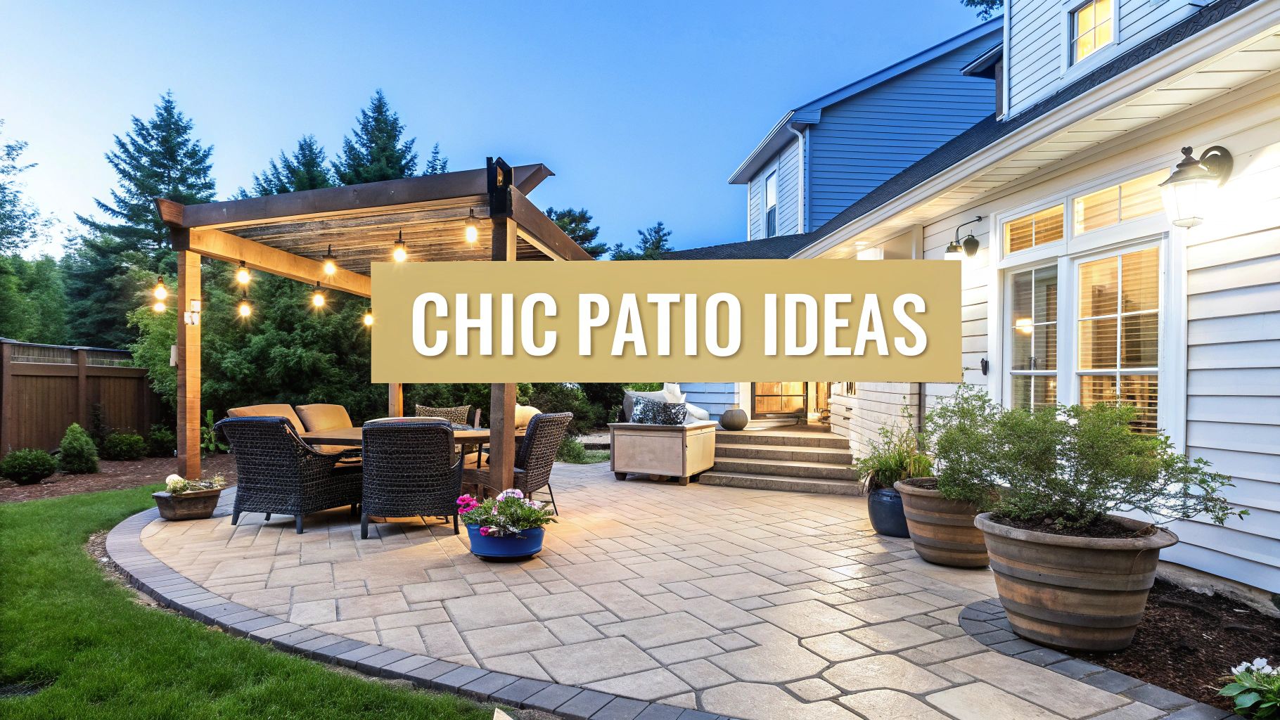 A backyard patio with a pergola and a stone patio with lighting and words on the image that say chic patio ideas.