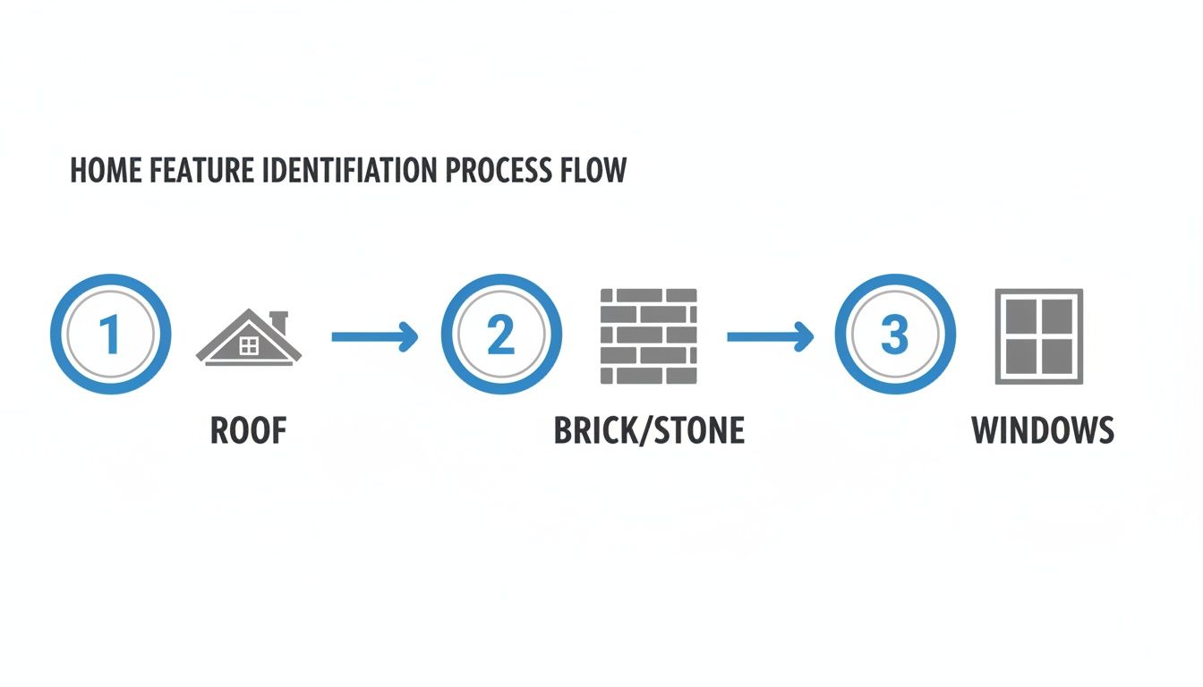 A process flow diagram illustrating the steps for identifying home features: roof, brick/stone, and windows.
