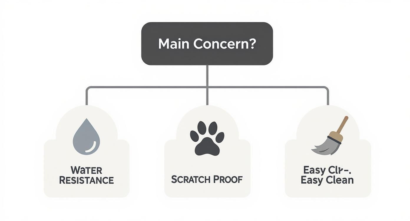Infographic decision tree showing flooring choices based on concerns like water resistance, scratch proofing, and ease of cleaning.