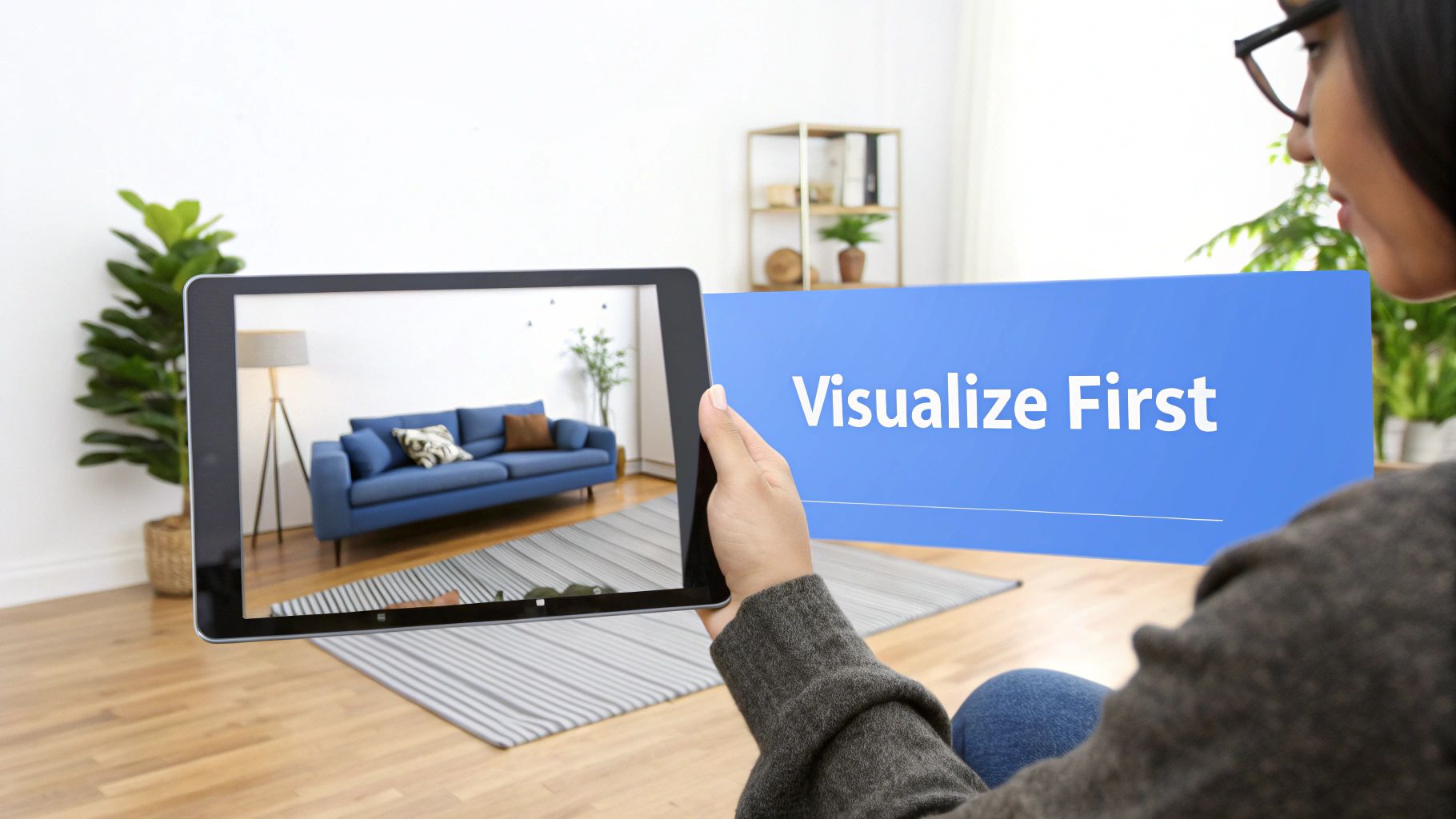 A person uses a tablet with augmented reality to visualize a blue sofa in a modern living room.