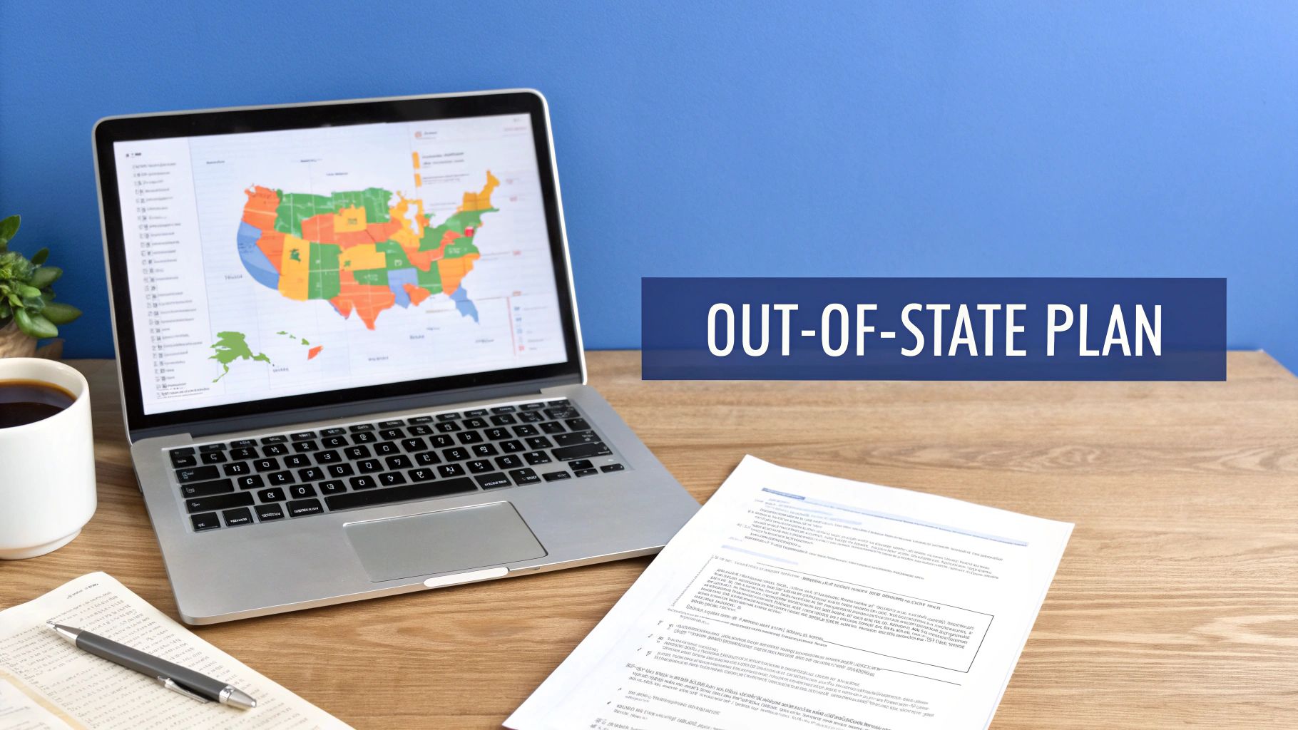 A laptop displaying a US map, a coffee mug, and documents on a wooden desk with an 'OUT-OF-STATE PLAN' banner.