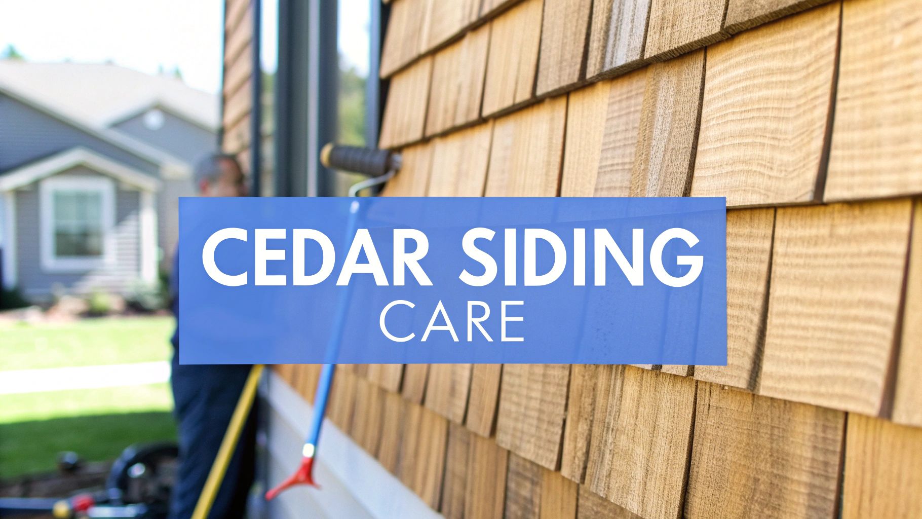 Cedar shake siding being stained outside of a home on a sunny day.