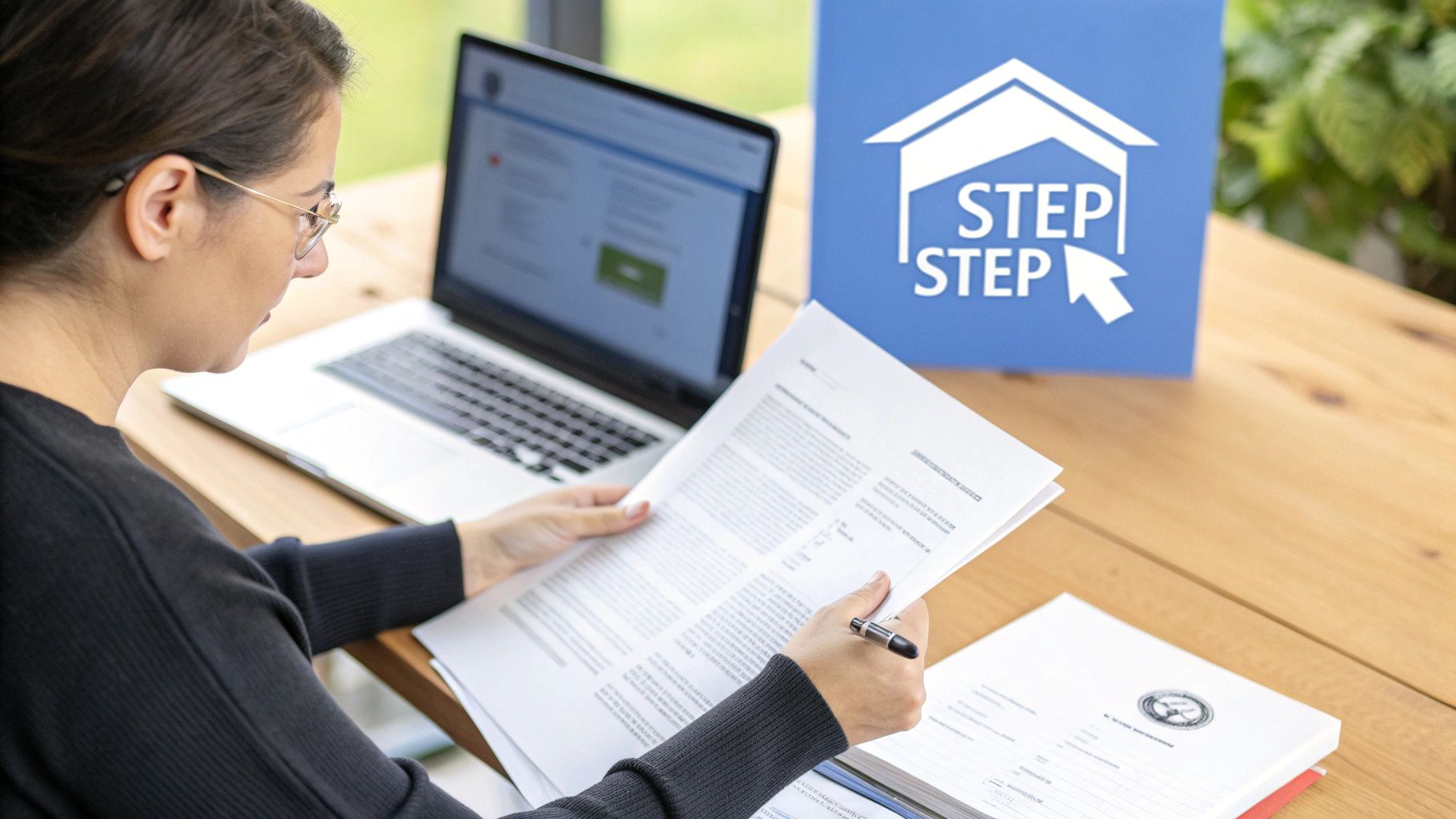 A woman looking at a document at a desk that has a laptop on it and words on the screen that says step, step.