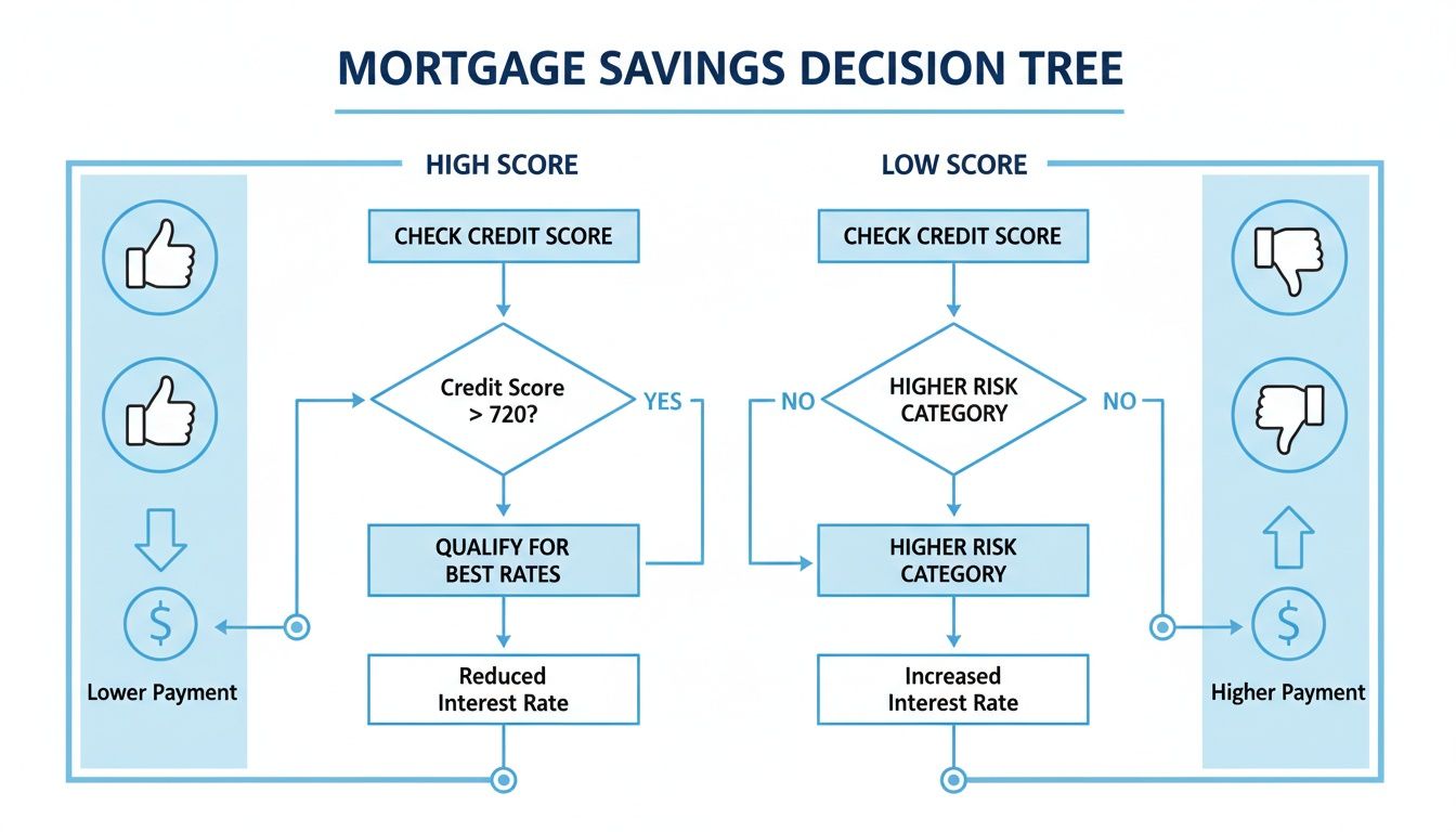 Mortgage savings decision tree showing how credit score affects interest rates and monthly payments.