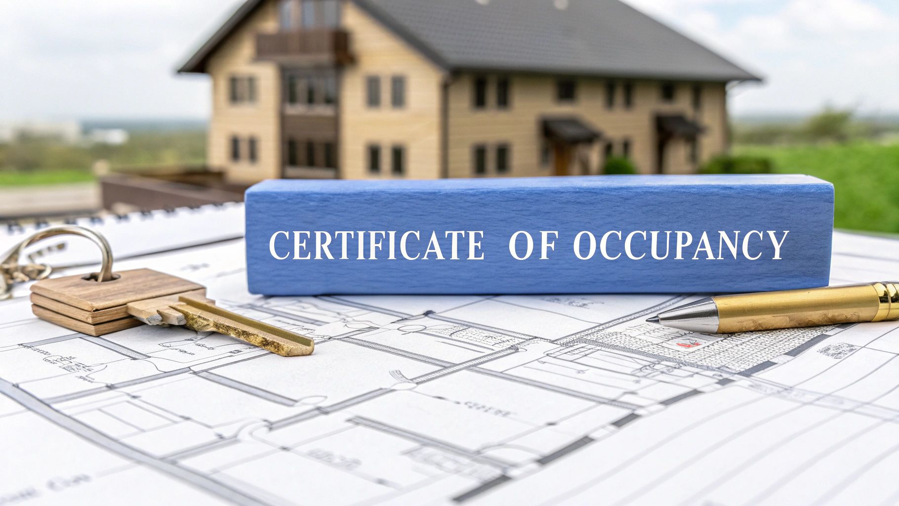 Blueprints on a table outside with keys and a pen on top in front of a home with words on the image that says certificate of occupancy.