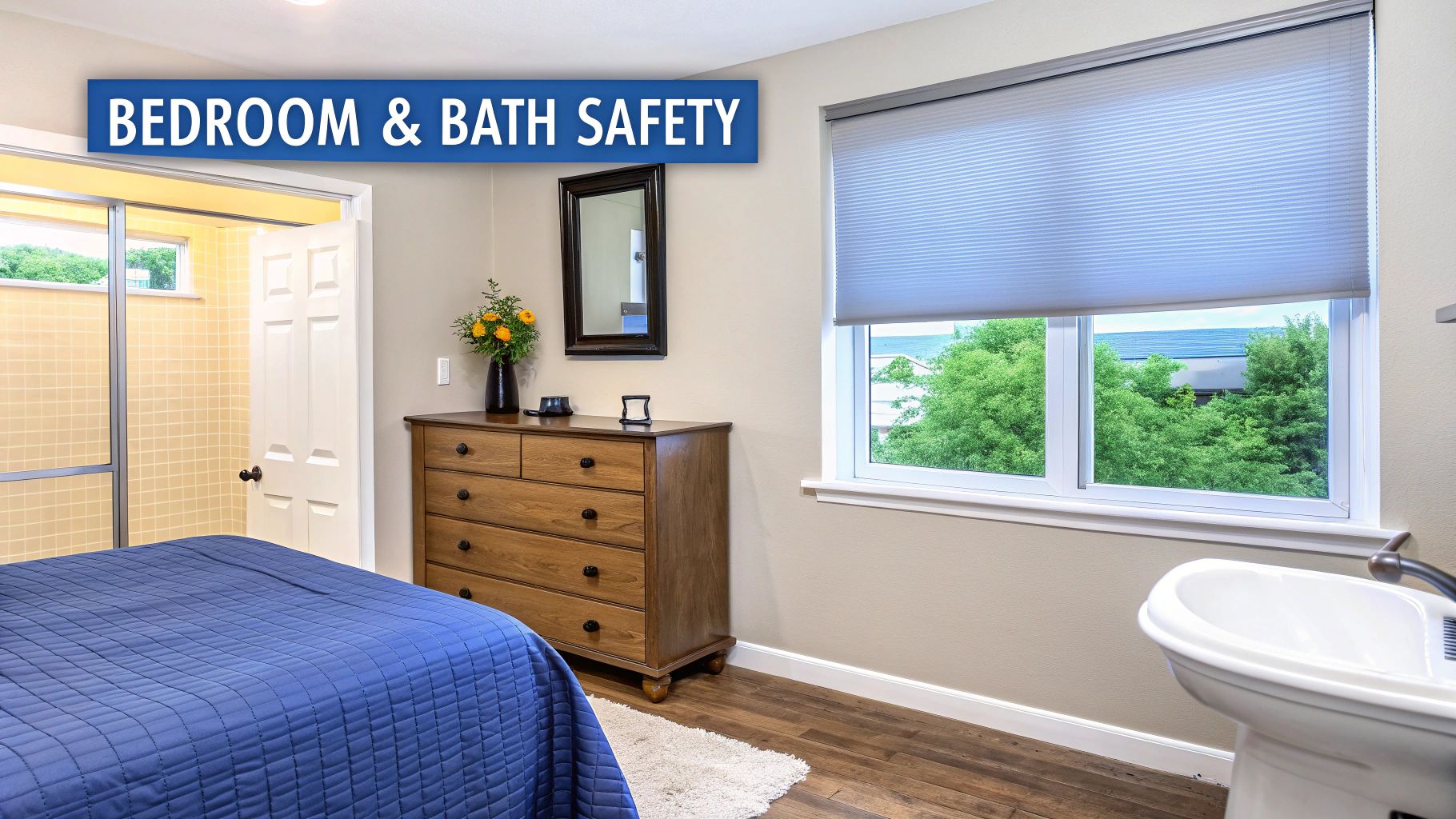 A bedroom with a blue bed, wooden dresser, window, and an open door to a yellow-tiled bathroom.