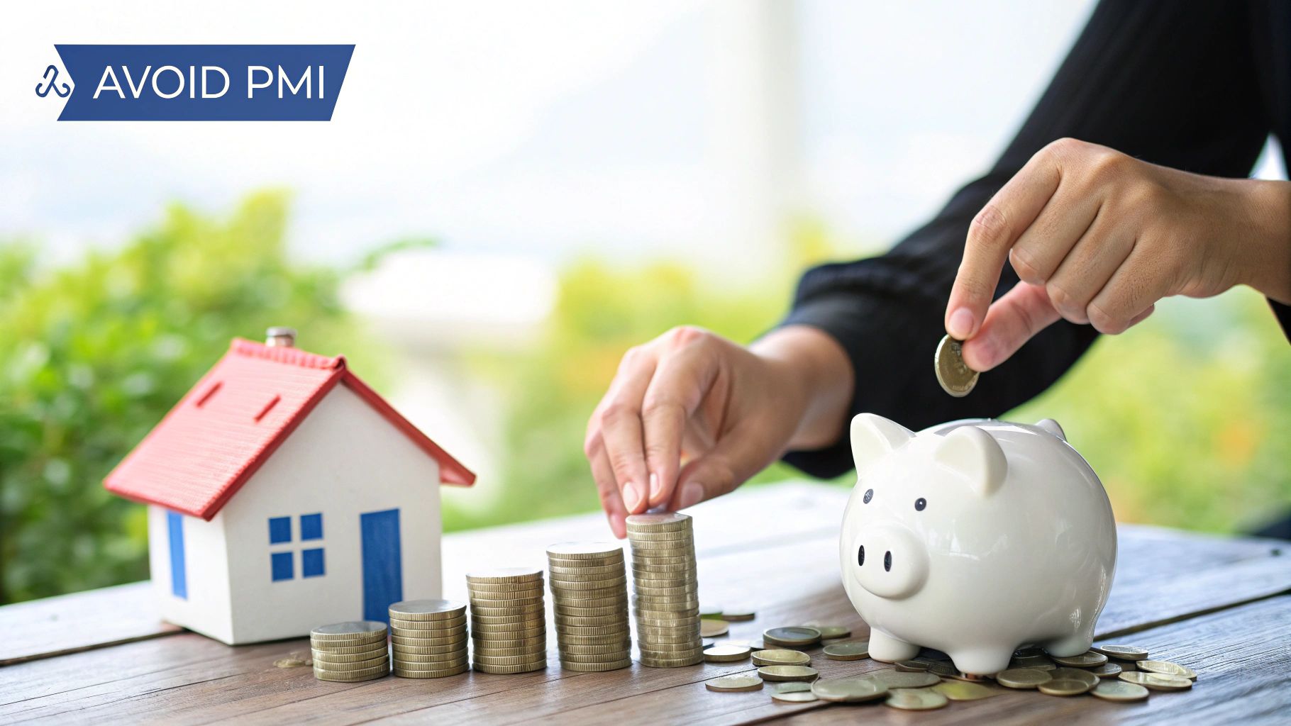 Hands placing coins into piggy bank with house model and growing coin stacks representing mortgage savings