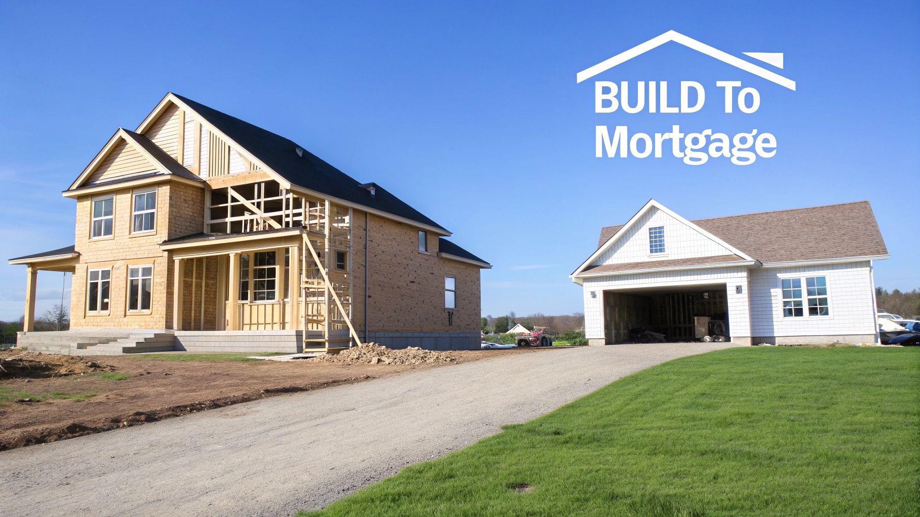 Two houses under construction, one partially framed and sided, with a complete garage and blue sky.