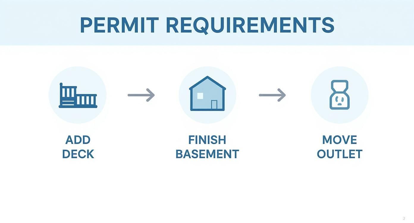 A chart showing the permit requirements for work on a home such as: adding a deck, finishing a basement, and moving an electrical outlet.