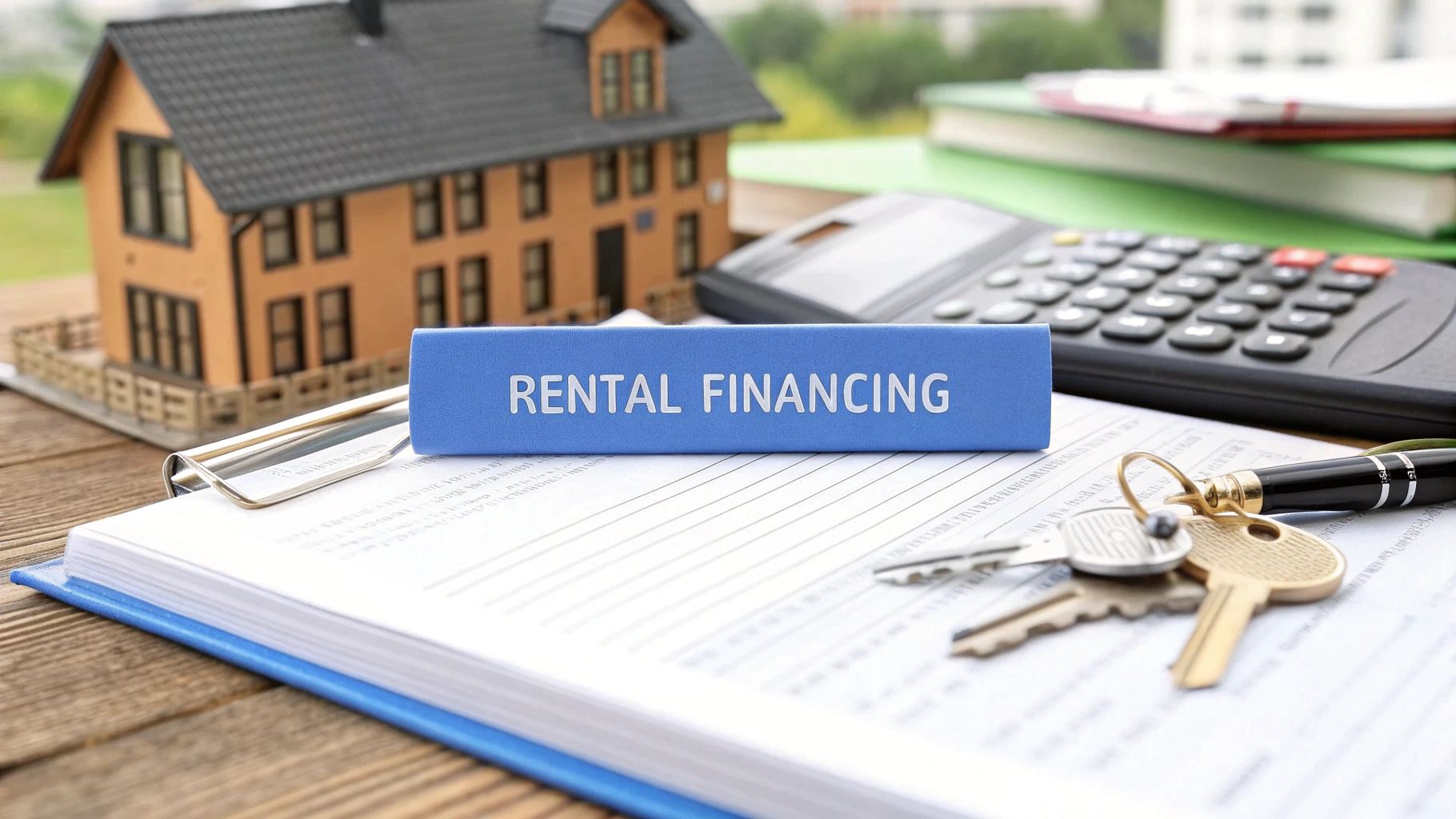 Paperwork on a blue clipboard with keys on top next to a calculator and a small model house.