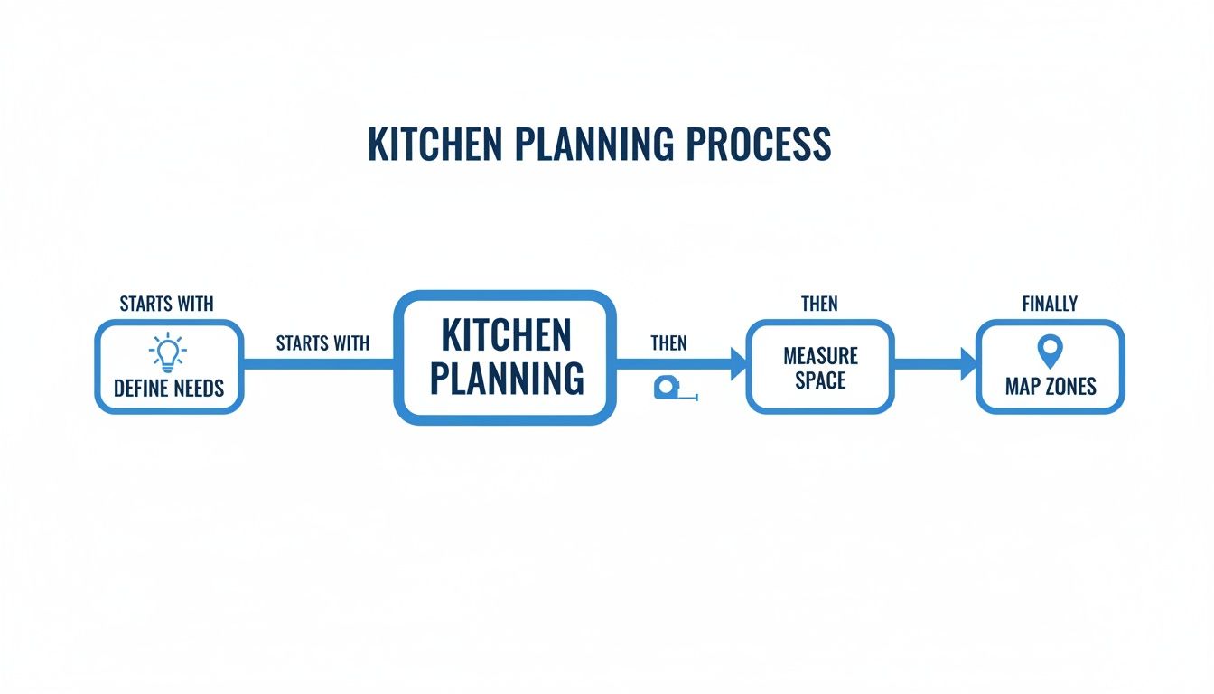 Flowchart showing the kitchen planning process: define needs, kitchen planning, measure space, and map zones.