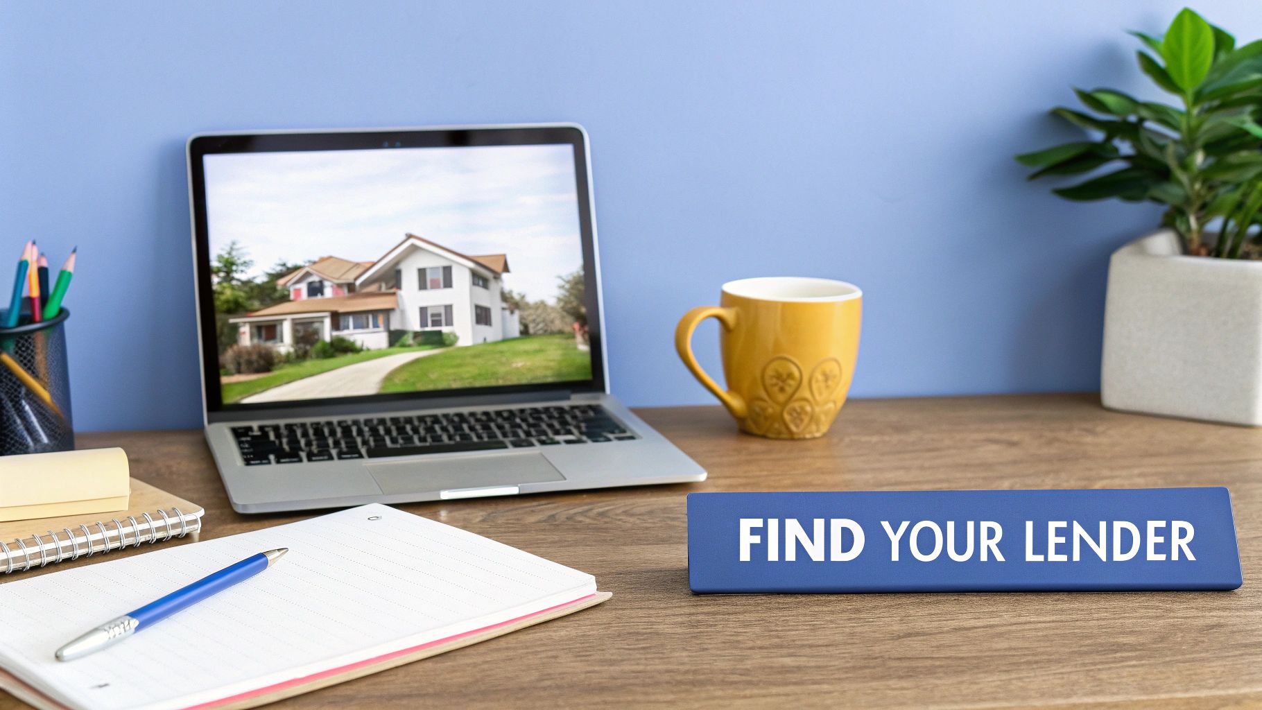 A picture of a wood desk with a laptop on it, a coffee mug, a pad of paper with a pen on top and a small plant in a white square pot with a blue sign on the table that says find your lender.