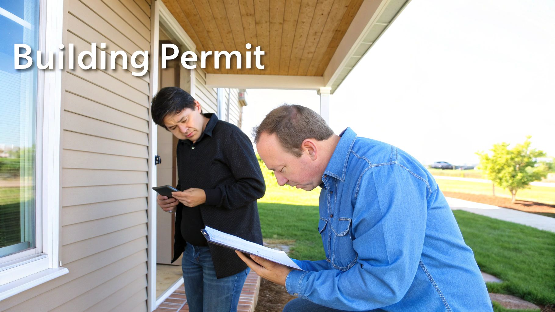 Two men outside of a home inspecting the home an filling out a form on a clipboard, with words on the image on the image that say building permit.
