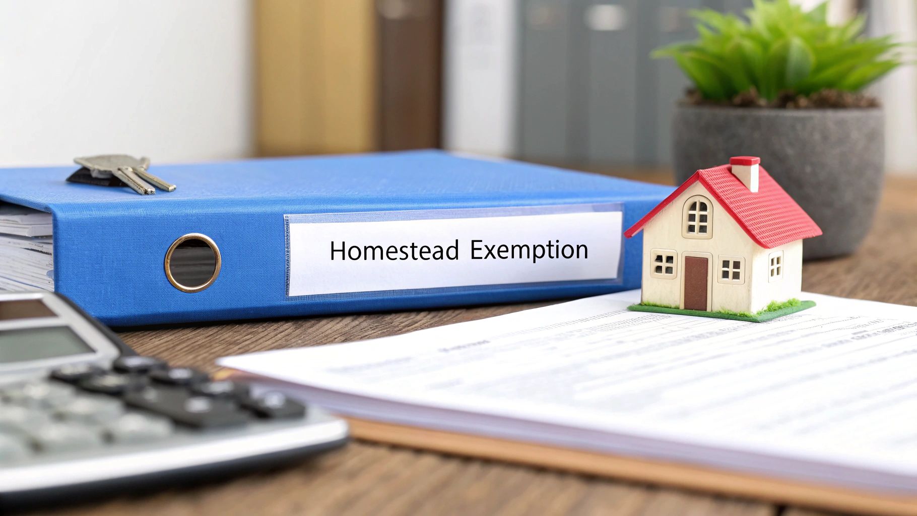 A small model house on papers on a desk next to a calculator and a blue binder with words on it that say homestead exemption.