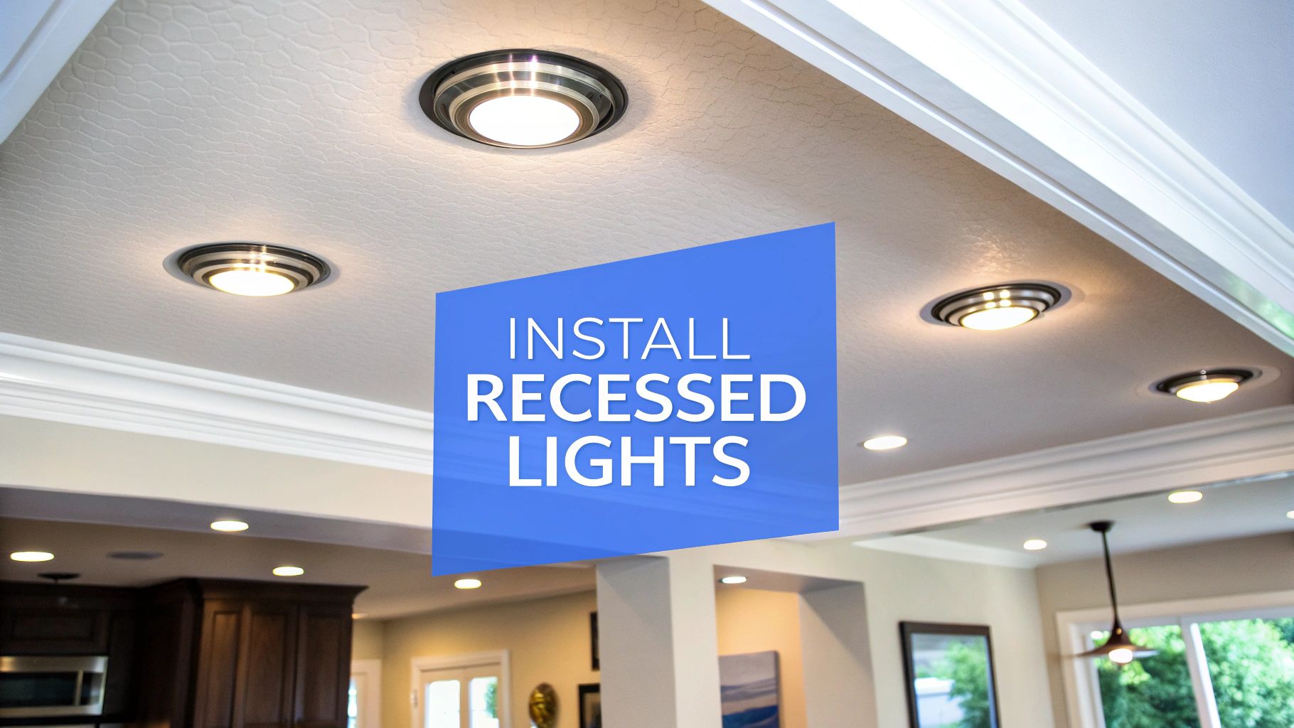 A picture of the inside of a home showcasing recessed lights with words on the image that says install recessed lights.
