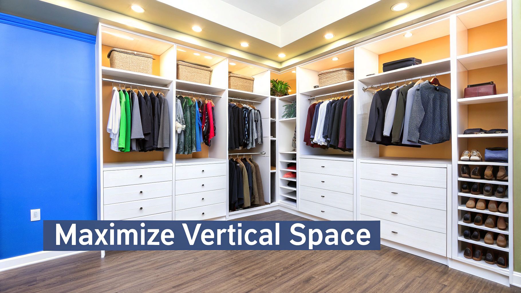 A custom walk in closet with shelving all the way to the ceiling with drawers and words on the image that says maximize vertical space.