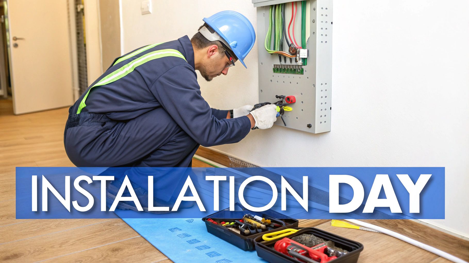 A professional electrician installs or upgrades an electrical panel, wearing a hard hat and gloves.