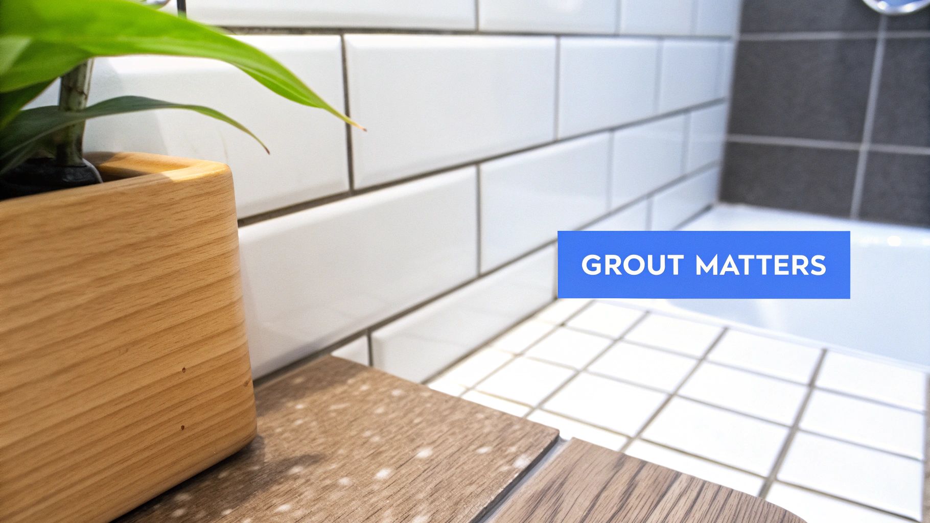 Close-up of white subway tiles and floor tiles with contrasting grout, a plant in a wooden pot adds warmth.