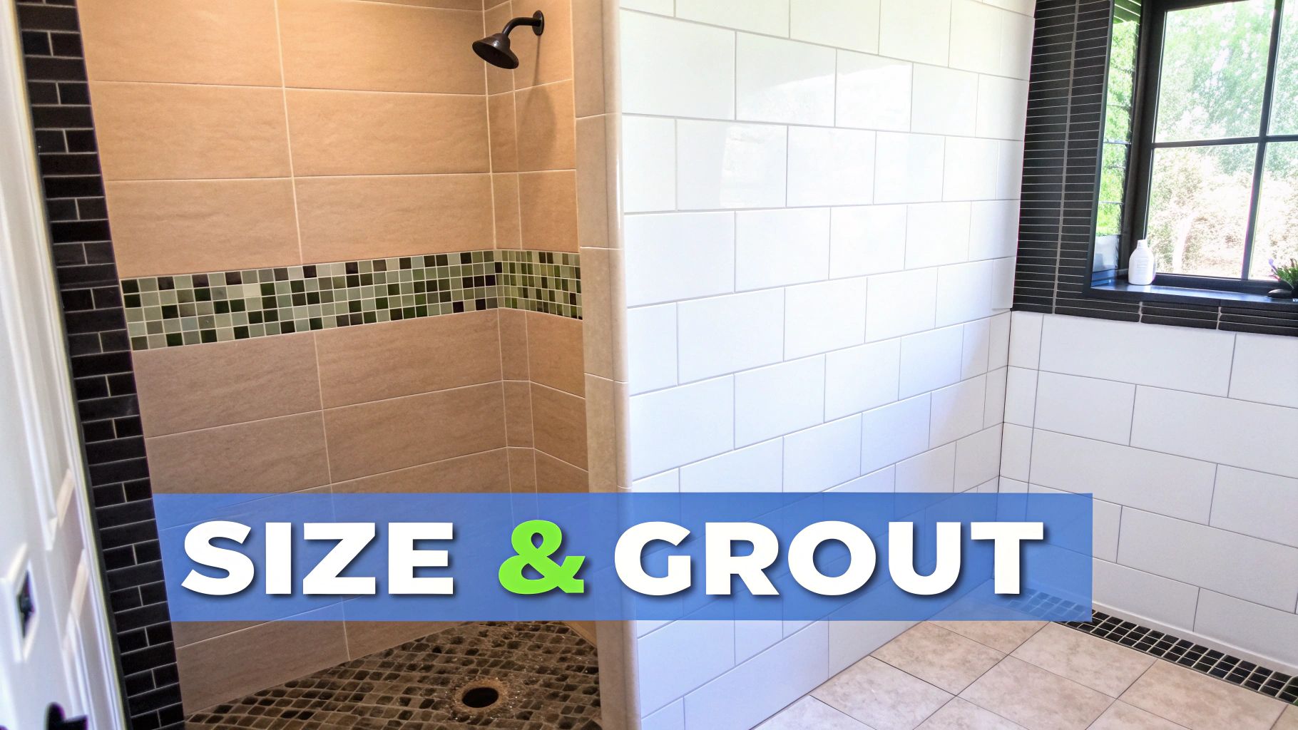 A modern tiled shower with beige rectangular wall tiles, a green mosaic accent, and white subway tiles.