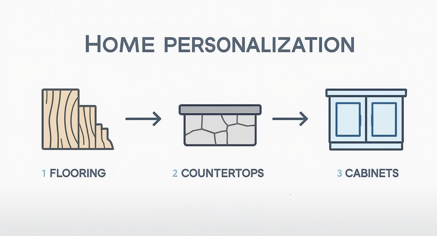An infographic illustrating home personalization steps for interior design: flooring, countertops, and cabinets.