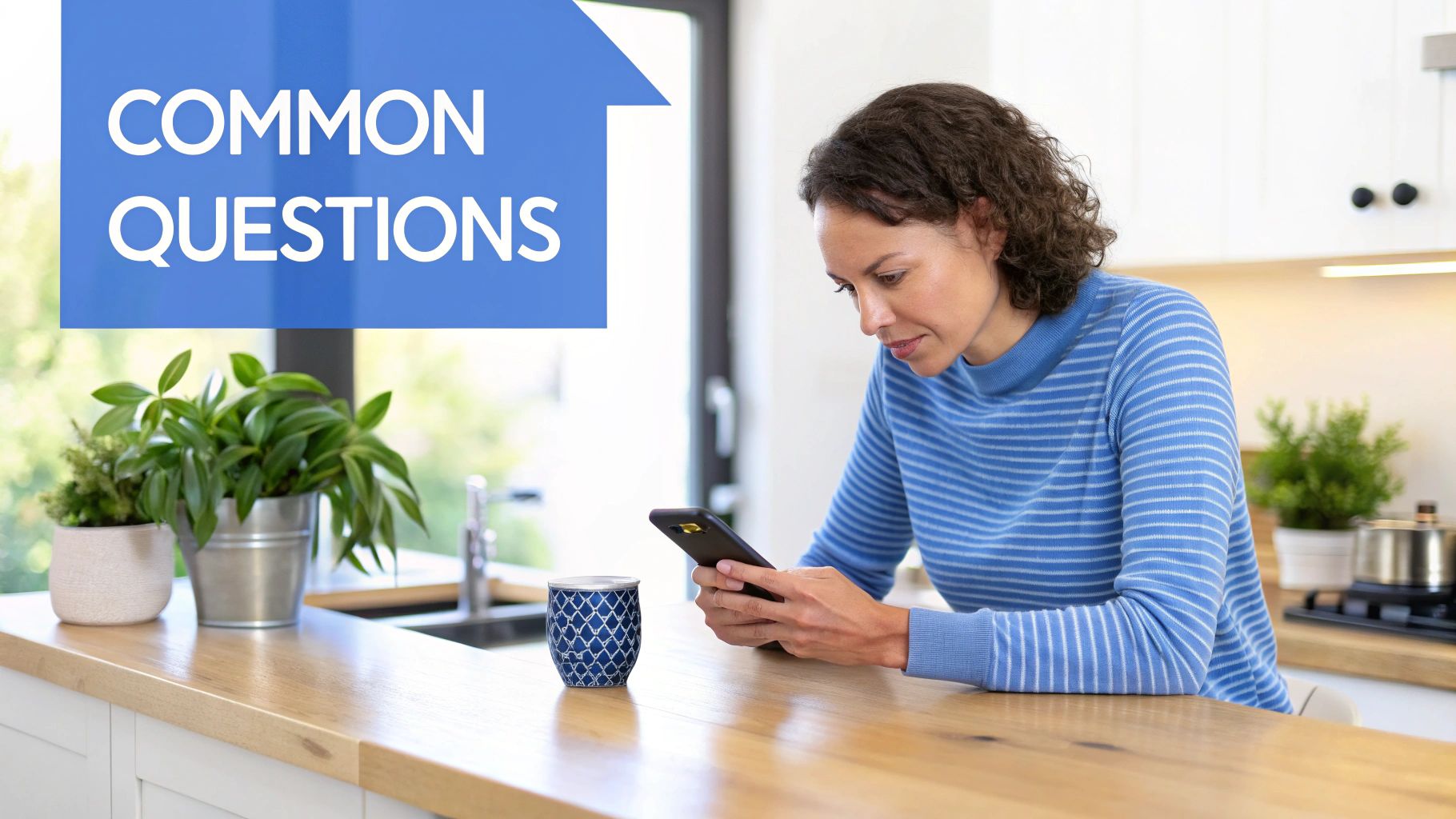 Woman in blue striped shirt reading phone with coffee mug in modern kitchen researching common questions