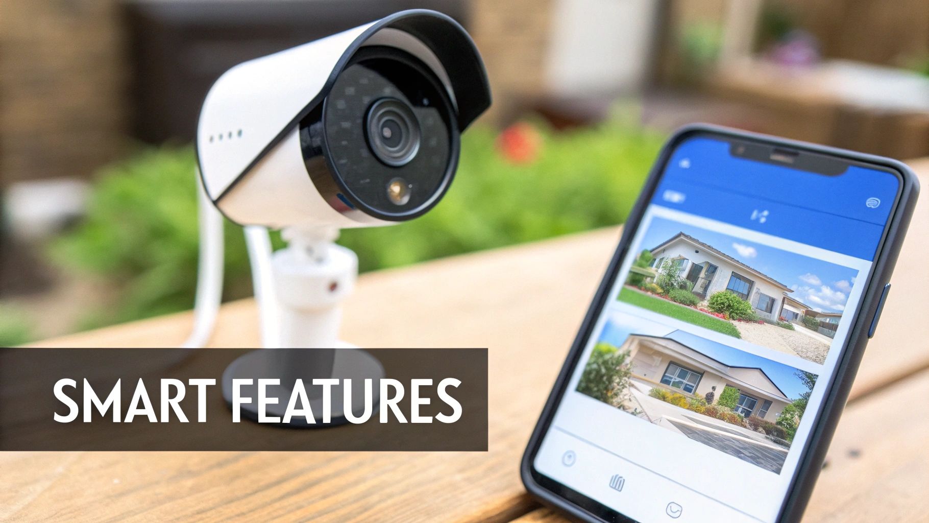 A picture of a security camera on a wood table outside next to a smart phone showing the cameras views with words on the image that says smart features.