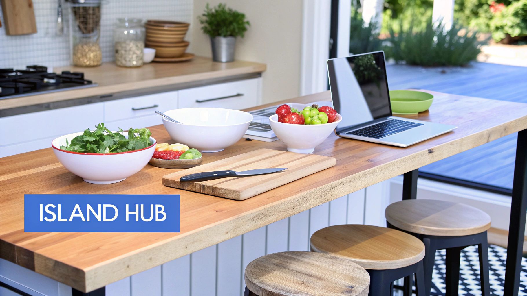 A modern kitchen island with fresh ingredients, a laptop, chopping board, and bar stools.