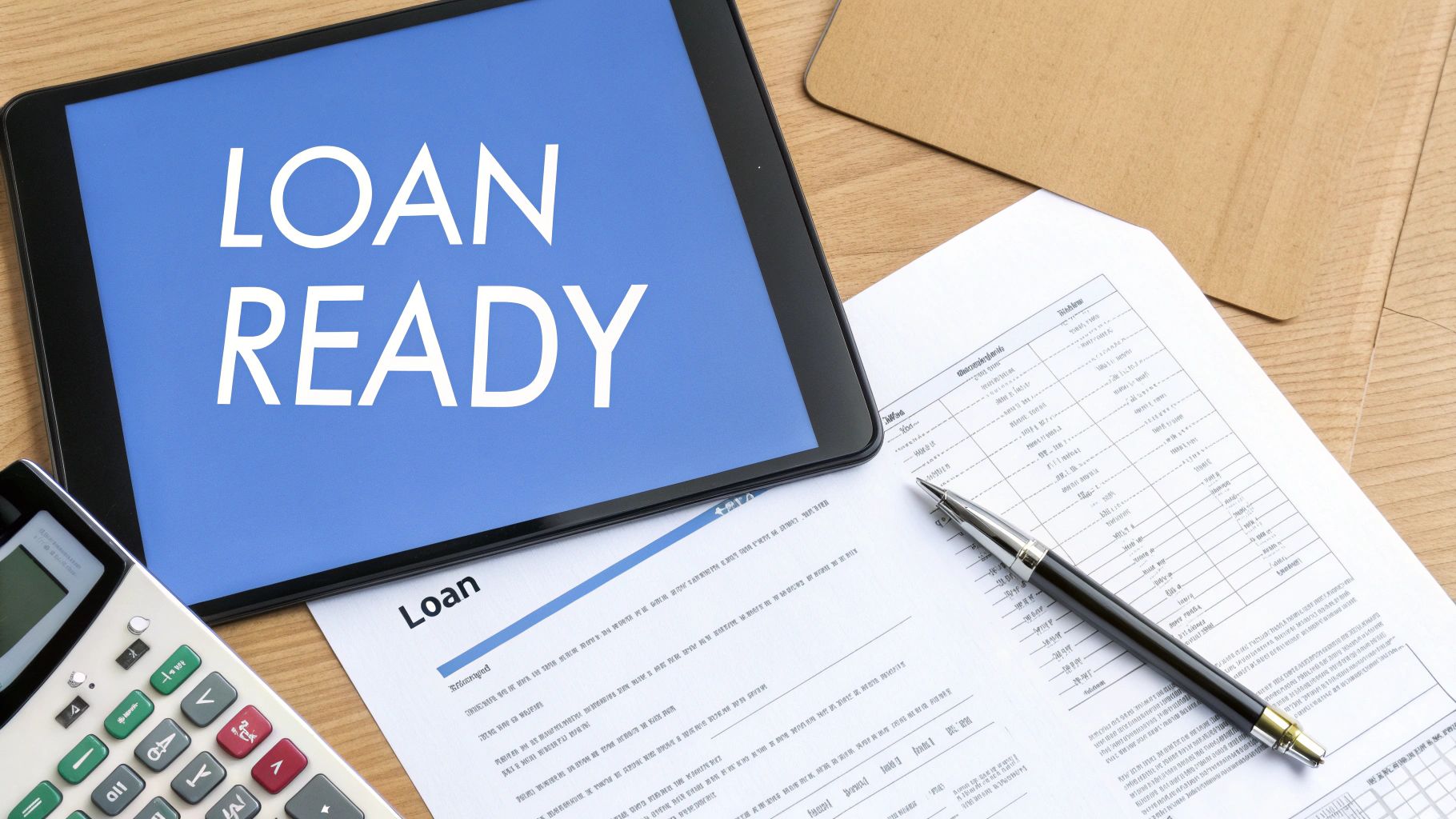 A tablet displays 'LOAN READY' next to a calculator, pen, and loan application documents on a wooden desk.