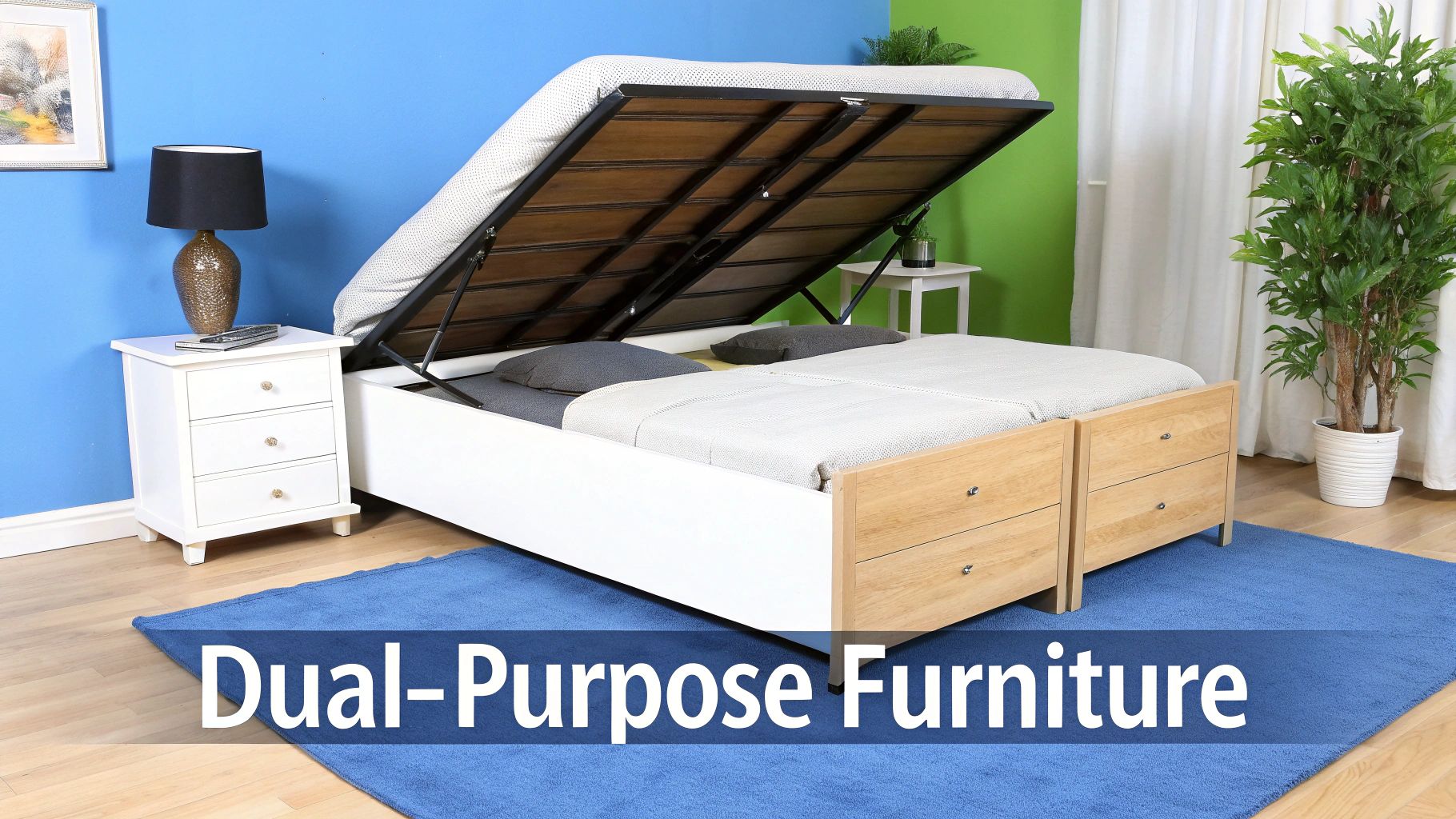 Stylish bedroom with a white lift-up storage bed and natural wood drawers, optimizing space.