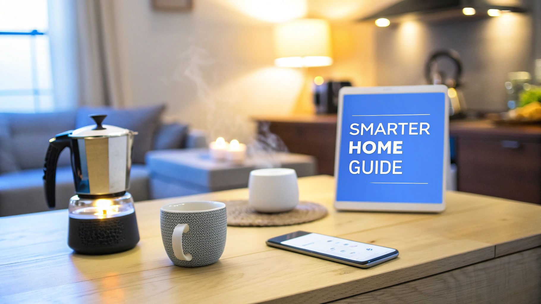 A modern living room with smart home controls displayed on a tablet, showing lighting and temperature settings.