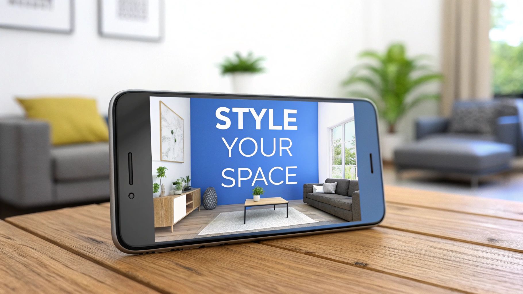 A smartphone in a living room of a home with a home design app on the screen that says style your space.