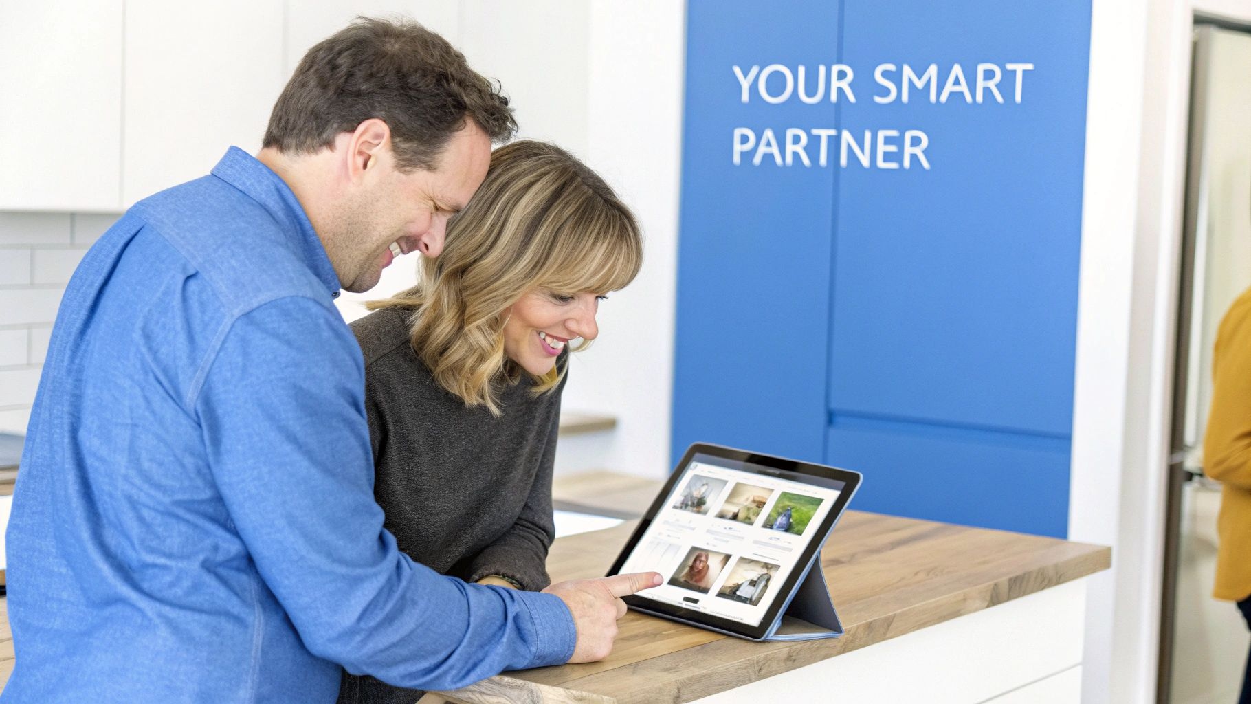 Happy couple engaging with a smart tablet, man pointing at the screen, in a modern home.