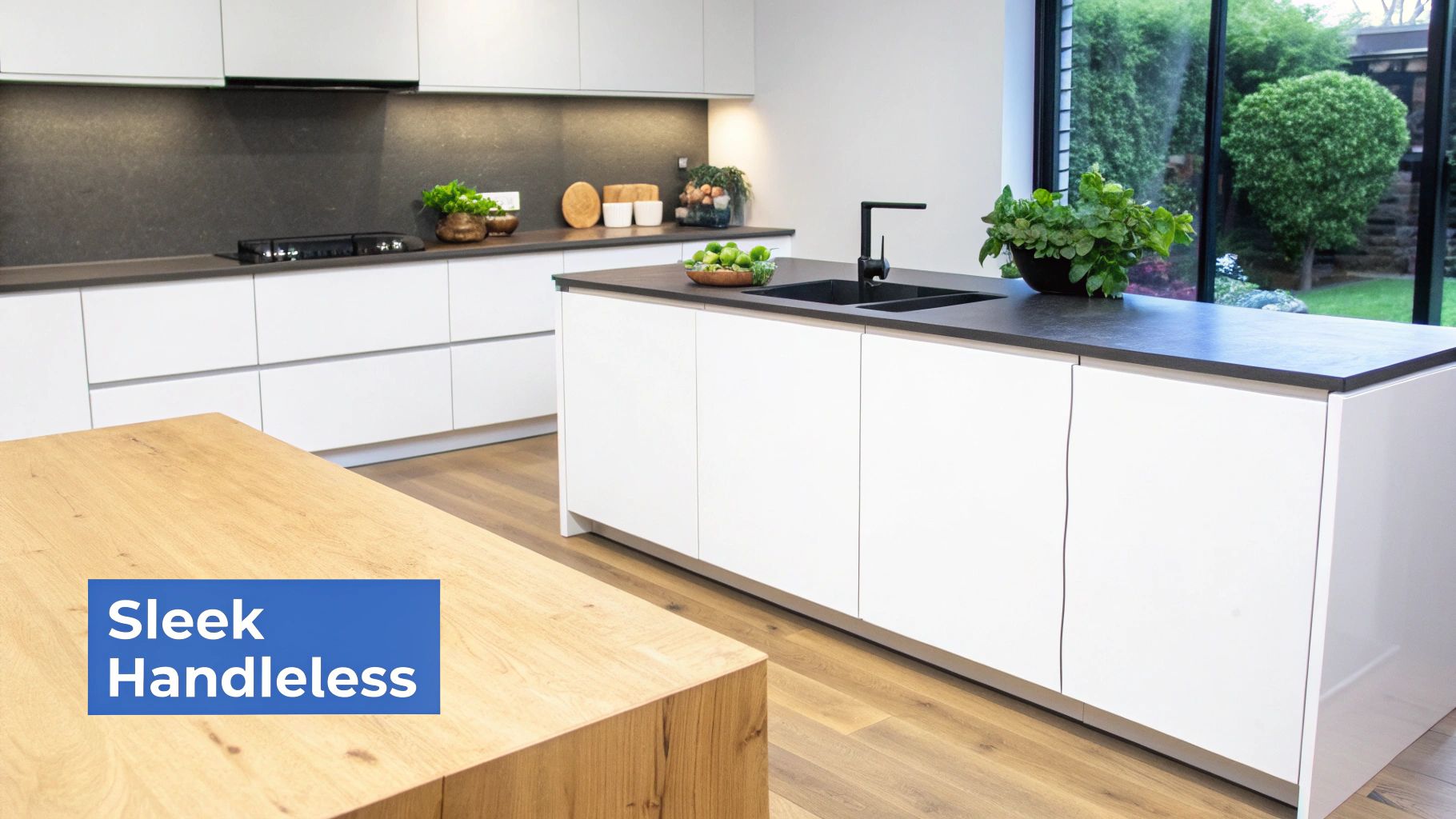 A modern kitchen with white cabinets with no cabinet handles and has light brown wood floors with a dark gray quartz countertop and words on the image that says sleek handleless.